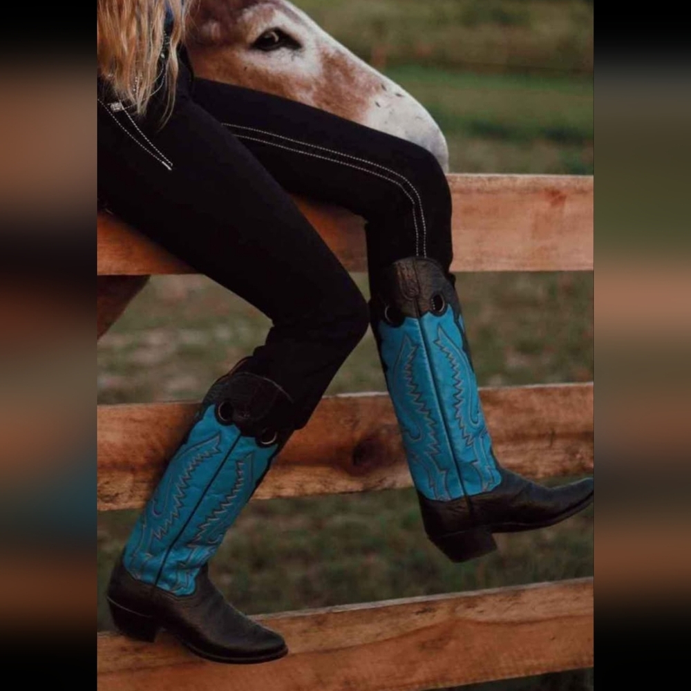 Panhandle Slim Black Blue BUCKAROO Cowboy Boots marked 8.5B fit like 9 VINTAGE